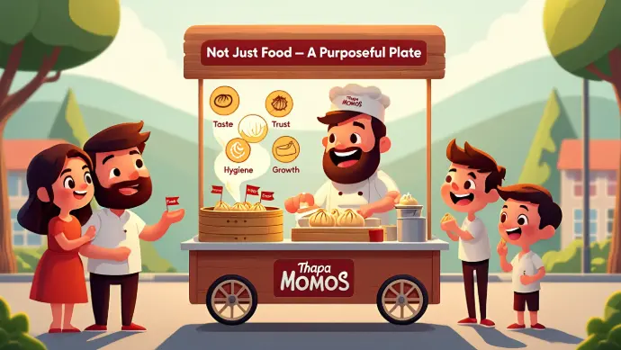 Cartoon illustration of a Thapa Momos street food stall with a chef serving customers.